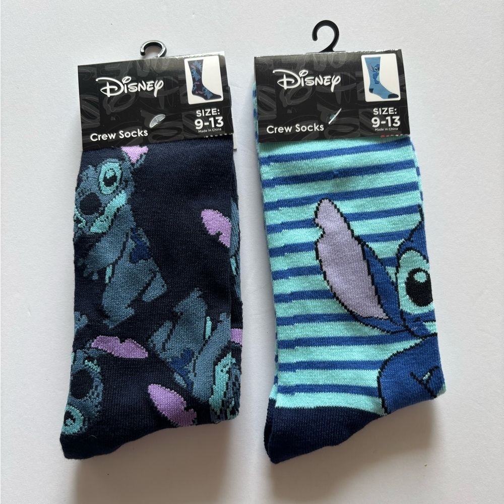 Disney Stitch Crew Socks Bundle | Size 9-13 | Blue & Striped | 2-Pack